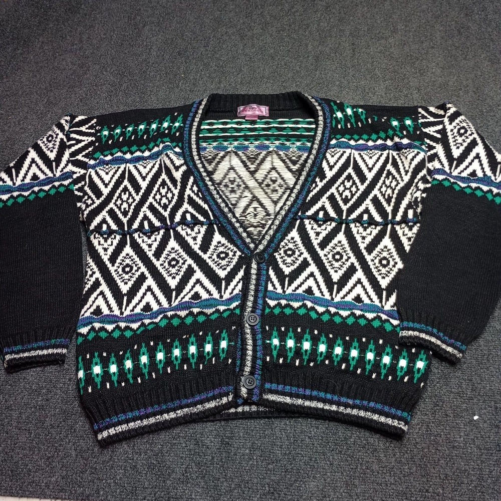 Vintage CONCRETE MIX Cardigan Sweater Adult Large‎ Fair Isle Deep Plunge V Neck